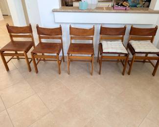 Set of 5 vintage wood and leather chairs