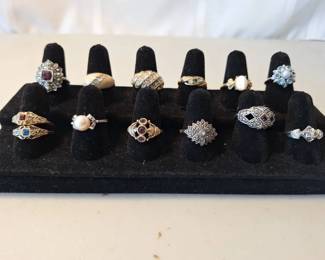 Assorted Vintage  Fashion Ring Lot  Rhinestone, Pearl  Colored Stone Styles