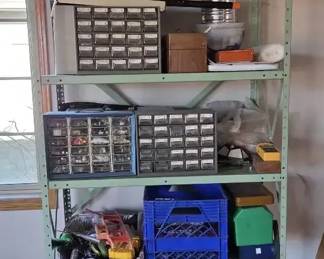 2 Metal Shelves, 1 Loaded With Tools And Parts