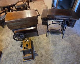 Vintage Treadle Sewing Machine, DropLeaf Cart  Antique Wall Telephone