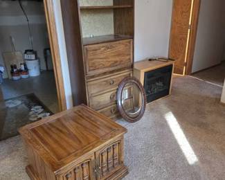 Oak Storage Cabinet, End Table, Oval frame  Electric Fireplace Heater