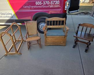 Vintage Wooden Furniture Lot  Quilt Rack, Rocker, Storage Bench  Childs Chair