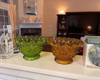 Green and orange colored glass candy dishes