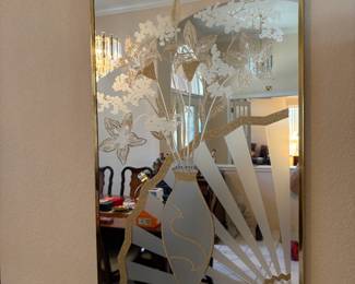 stunning vintage Art Deco etched glass mirror w/gold accents 
