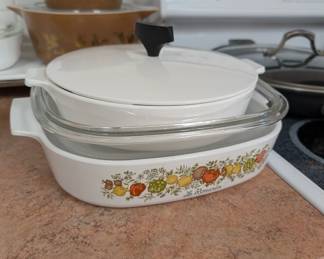 Vintage CorningWare casserole dish w/lid "Spice of Life" pattern Le Romarin rosemary design 