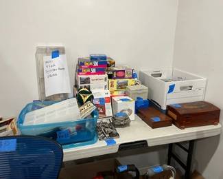 puzzles, wooden boxes, miscellaneous first aid items