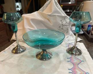 Vinta eg Duchin Creations  Glass Sterling Aqua Blue Weighted Footed Candy Dish and caldle holders  ca 1940