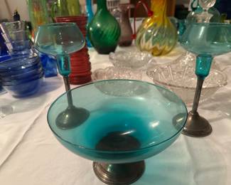 2 Sterling Silver Teal / Aqua  Blue MCM Art Glass Duchin Creations Candle Holders and matching bowl