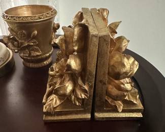 Vintage 1995 CBK Ltd Magnolia Flower Bookends Heavy Resin Gold Finish and matching cup