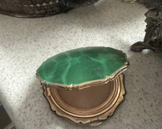 Stratton Vintage Powder Compact - Marbled Jade Green Finish and Gold Trim - Made in England ca1950