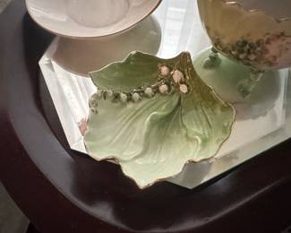 antique German porcelain trinket dish shaped like a lily of the valley leafe with flowers