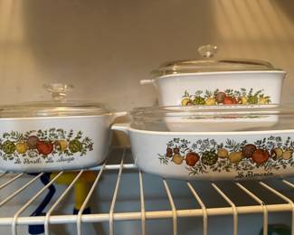 CorningWare casseroles featuring the popular "Spice of Life" pattern from the 1970s. 
