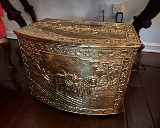 antique Fireplace Coal Scuttle, Antique Coal Storage Box, Brass Coal Box