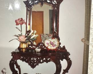 1970s Mahogany Vintage Table Hall Console & Mirror, Grape Carved,Dimensions
51ʺW × 18.5ʺD × 83ʺH  Styles French Provincial Period
1970s Country Of Origin United States