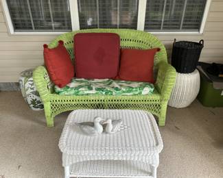 wicker loveseat and table barrel side table