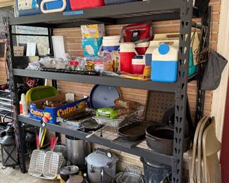 Cooking accessories, ice chest, black iron pots/pans