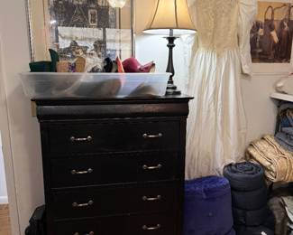 Chest of drawers, vintage hats, art, sleeping bags