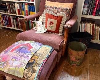 Accent chair with ottoman, yard flags, vintage painted trash cans
