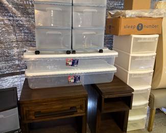 End tables, plastic organizers, bins
