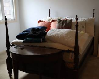 Mahogany, full size poster bed, c. 1940 w/bedding; displaying linens; upstairs