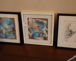 2 framed abstract originals, 1 framed drawing of woman, leaning against wall in LR