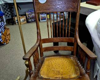 Cast iron floor lamp and antique oak rocking chair 