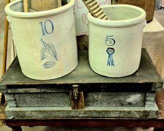 Much stoneware, glassware, pottery andchina. 10 gal. Union Stoneware Co.  (As Is) and 5 gal. Buckeye Pottery Co. crocks