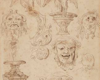2201 16th/17th Century architectural drawing Birds, fountains, and heads Ink on paper Stamped with indistinct initials lower right: [possibly] AL Sight: 9.5" H x 7.5" W Estimate: $300 - $500