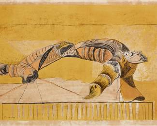 2294 Graham Sutherland (1903-1980) "Turning Form," 1948 Lithograph in colors, possibly with watercolor additions, on wove paper, watermark Lana 1590 A special proof aside from the numbered edition of 60 Signed in pencil within the lower portion of the brown border: Graham Sutherland; signed again in pencil in the lower left margin corner; the date printed in the lower left corner of the stone: 17.10.48 Image: 16.5" H x 23.25" W; Sheet: 19.75" H x 25.5" W Estimate: $300 - $500