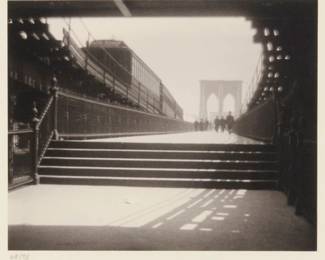 2338 Karl Struss (1886-1981) "Vanishing Point II: Brooklyn Bridge from New York side," 1912, from "Karl Struss: A Portfolio," 1909-29 Platinum print on paper hinged to an embossed board mount, as issued Edition: 65/75 (there were also 15 artist's proofs), printed 1979 Signed in pencil on the verso: Karl Struss; numbered in pencil in another hand on the mount, directly below the image, at left; Phil Davis, prtr.; Photofolio of Ann Arbor, MI, pub. Image/Sheet: 3.75" H x 4.625" W; Board Mount: 12" H x 9" W Estimate: $200 - $300