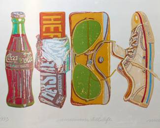 2243 Don Nice (1932-2019) "American Still Life," 1993 Mixed media screenprint in colors on aluminum Edition: 12/75 Signed, titled, and dated in pencil in the lower margin: Nice / 1993; signed and dated again, numbered, and inscribed "for Dick," all incised, verso Image: 17.5" H x 28.25" W; Sight: 23.25" H x 32.25" W Estimate: $400 - $600