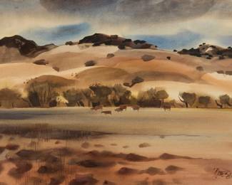 2144 Milford Zornes (1908-2008) "Los Alamos Valley" Watercolor on paper Signed and indistinctly dated lower right: Zornes; signed again, titled, and inscribed on the frame's backing board: "Mt. Carmel, Utah 84755" Sight: 21.375" H x 29.375" W Estimate: $300 - $500