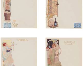 2096 Four Art Nouveau French Advertising Menu Blanks for Léon Chandon Champagne Comprising four Art Nouveau French advertising menu blanks for Léon Chandon Champagne, each an offset lithograph with screenprinted elements and hand-applied gilding, featuring decorative typography and an incorporated blue printed Léon Chandon Champagne label; all framed together Sight of each: 6.25" H x 4.625" W Estimate: $300 - $500