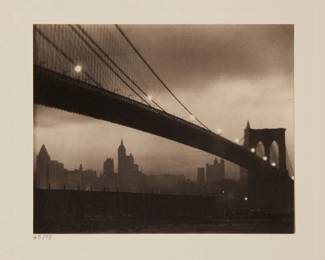 2336 Karl Struss (1886-1981) "Brooklyn Bridge, Nocturne," circa 1913, from "Karl Struss: A Portfolio," 1909-29 Platinum print on paper hinged to an embossed board mount, as issued Edition: 65/75 (there were also 15 artist's proofs), printed 1979 Signed in pencil on the verso: Karl Struss; numbered in pencil in another hand on the mount, directly below the image, at left; two small pencil notations, presumably in another hand, verso; Phil Davis, prtr.; Photofolio of Ann Arbor, MI, pub. Image/Sheet: 3.625" H x 4.5" W; Board Mount: 12" H x 9" W Estimate: $200 - $300