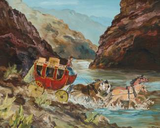 2190 20th Century American Folk Art School "Crossing at Oak Creek Falls," 1969 Oil on canvasboard Signed with an indistinct monogram and dated lower right: 69; indistinctly signed and titled verso; with an indistinctly inscribed partial handwritten note in a plastic bag affixed to the frame's hanging wire 16" H x 20" W Estimate: $300 - $500