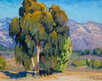 2146 Tim Solliday (b. 1952) Landscape with trees Oil on Masonite Signed lower right: T. Solliday 9" H x 11.875" W Estimate: $500 - $700