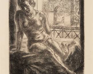 2322 John Sloan (1871-1951) "Nude and Arch," 1933 Etching and engraving on off-white paper From the planned edition of 100, of which only 75 were printed Signed, titled, and inscribed "100 proofs" in pencil in the lower margin: John Sloan Plate: 6.875" H x 5.25" W; Sight: 8.375" H x 6.5" W Estimate: $300 - $500