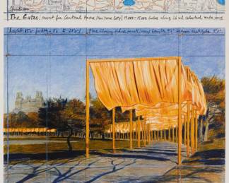2242 An exhibition poster for "Christo and Jeanne-Claude: 'The Gates,' Neuer Berliner Kunstverein, September 8-December 30, 2001" Offset lithograph in colors on paper From the edition of unknown size Signed in gold pigment, lower right: Claude & Jeanne-Claude Sight: 32.5" H x 22.25" W Estimate: $500 - $700