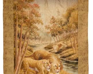 2052 A Japanese silk embroidered pictorial wall hanging 20th century A large scroll-style hanging depicting two lions and a lioness in a wooded wilderness landscape, worked in polychrome wool, cotton, and silk thread embroidery in various decorative stitches including satin stitch, laid couching, and long-and-short flame-style stitches, all finished with a brocade border and damask lining verso 69" H x 45.4" W Estimate: $300 - $500