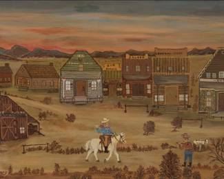 2191 20th Century American Folk Art School Old western town, 1971 Oil on Masonite Signed and dated lower left: E. Davis / Nov-1971 18" H x 28.25" W Estimate: $300 - $500