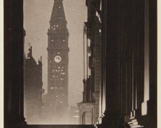 2329 Karl Struss (1886-1981) "Metropolitan Life Insurance Tower, New York," 1909, from "Karl Struss: A Portfolio," 1909-29 Platinum print on paper hinged to an embossed board mount, as issued Edition: 65/75 (there were also 15 artist's proofs), printed in 1979 Signed in pencil on the verso: Karl Struss; numbered in pencil in another hand on the mount, directly below the image, at left; Phil Davis, prtr.; Photofolio of Ann Arbor, MI, pub. Image/Sheet: 4.5" H x 2.875" W; Board Mount: 11.875" H x 8.875" W Estimate: $200 - $300