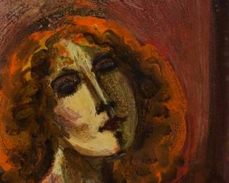 2181 Harold Frank (1917-1995) "Head #111" Tempera and oil on paper Signed twice, in pencil and oil, in the lower left and lower center, respectively: H. Frank; titled in ink on a gallery label affixed to the frame's backing paper Sight: 14" H x 11" W Estimate: $800 - $1,200