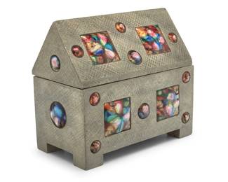 2119 A Gothic style enamel mounted metal clad casket Mid/late 20th century With hinged lid 7.25" H x 8.375" W x 4.75" D Estimate: $300 - $500