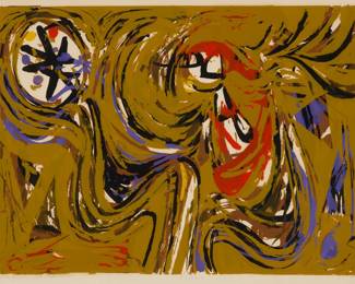 2219 Seong Moy (1921-2013) "Juggling Alchemist" Woodcut in colors on paper Edition: 43/120 Signed, titled, and numbered in pencil in the lower margin: S Moy Image: 11.125" H x 15.125" W; Sight: 11.75" H x 15.75" W Estimate: $200 - $300