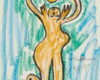 2311 Menashe Kadishman (1932-2015) Figure and three heads Pastel on paper Signed in English and Hebrew in pencil lower right: M. Kadishman; inscribed in pencil upper left: "T"O 1" Sight: 15.5" H x 11.125" W Estimate: $300 - $500