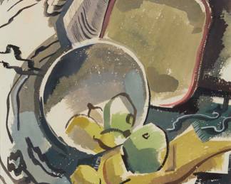 2166 Mary Louise Finley Fry (1908–1964) Modernist still life with fruit and reflective bowl, circa 1940-55 Watercolor on paper Signed lower left: Mary L. Finley; signed again and numbered in delicate black ink pen along the upper edge of the frame's backing paper: Mary L. Finley Fry / 1895 [in a circle]; dated by repute Sight: 13.25" H x 10" W Estimate: $700 - $900