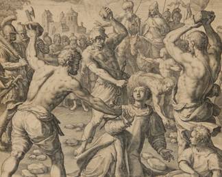 2324 Jan Sadeler I (1550-1600) "The Stoning of St. Stephen" from the series "Martyrdom of Five Saints," after Marten de Vos, 1580 Engraving on paper From the edition of unknown size and date, printed later With the artists' names engraved along the lower edge at left: M de vos iven. Sadeler fe.; Adriaen Collaert, pub. Antwerp, Belgium. Sight: 9.375" H x 7.5" W; Sheet: 9.5" H x 7.75" W Estimate: $300 - $500