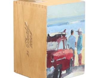 2235 Ken Auster (1949-2016) Seaside Surfers Oil on cigar box Signed with incised signature lower right: Auster Image: 5.5" H x 3.75" W; Box: 3.75" D Estimate: $600 - $800