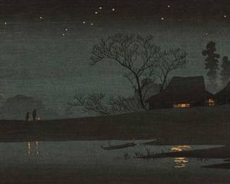 2206 Hiroaki Takahashi (1871-1944) "Starry Night (Hoshi no yoru)," circa 1926-1927 Woodcut in colors on paper laid to board From the edition of unknown size With the two separate sets of Japanese characters in the block and/or stamped with ink within the image area along the right edge Sight: 6.375" H x 14.625" W Estimate: $400 - $600
