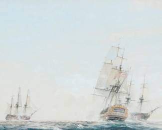 2161 Christopher Mayger (1919-1994) "Ships in Battle (Lysander)" Watercolor and gouache on paper Signed lower left: Chris Mayger; titled by repute Sight: 15.25" H x 21.5" W Estimate: $600 - $800